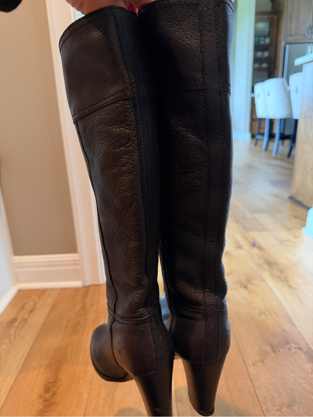 Prada Black Leather Knee-High Block Heel Boots with Gold Logo - Picture 3 of 11